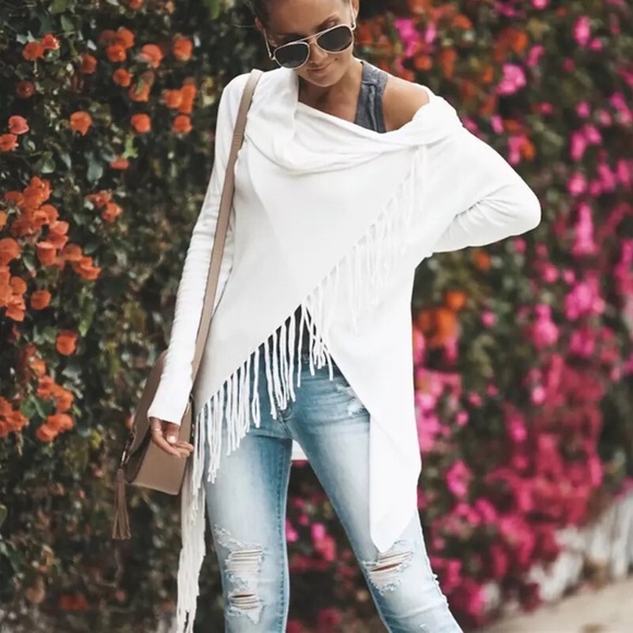 Fringe Trim Cowl Neck Wrap Style Sweater Ivory - Picture 7 of 7